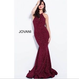 Jovani Burgundy Glitter High Neck Prom Dress 52144